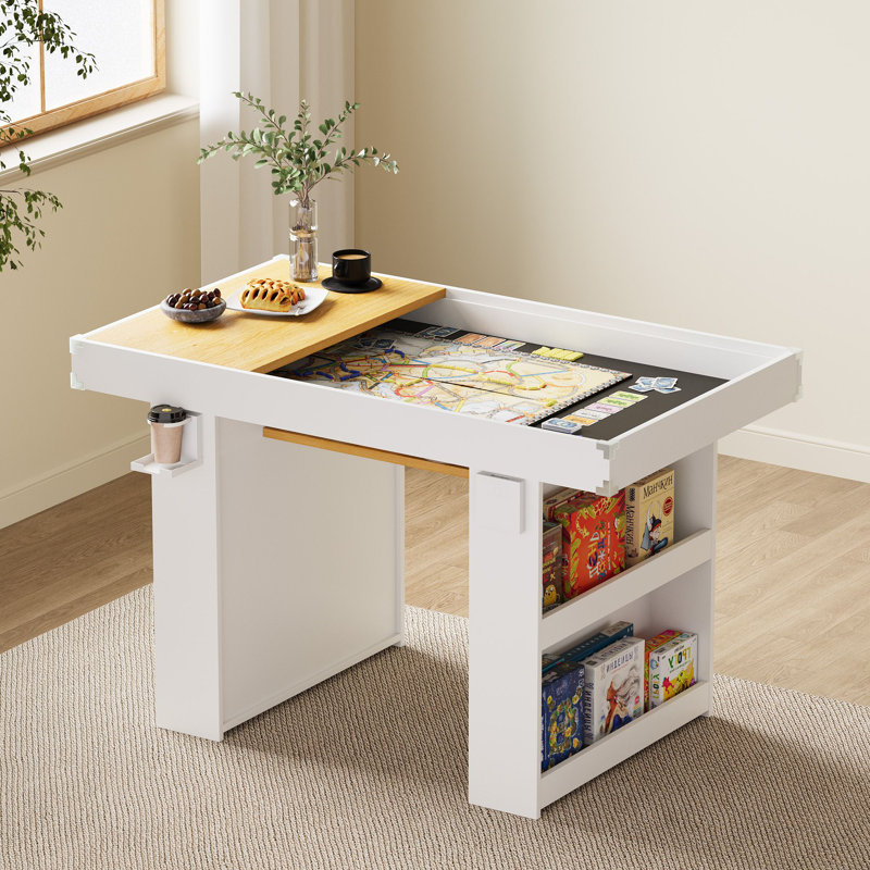 2-in-1 Multi-Functional Game Table with Removable Top, Cup Holders and Storage, White/Natural