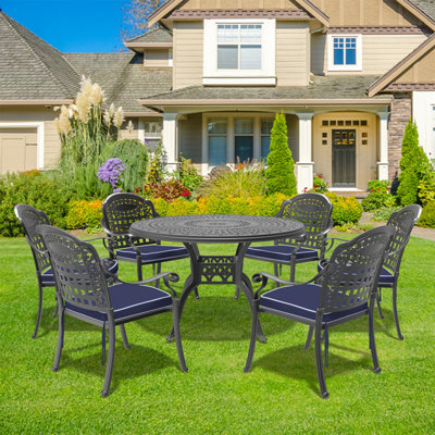 7-Piece Set Of Cast Aluminum Patio Furniture With Black Frame And Blue Seat Cushions(Same As:W1710S00487)
