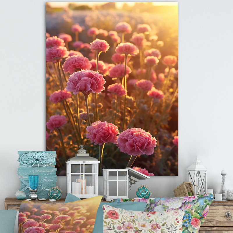 Reproduction d'art sur toile avec œillets roses, Toile tendue, H 20 po x l 12 po x P 1 po