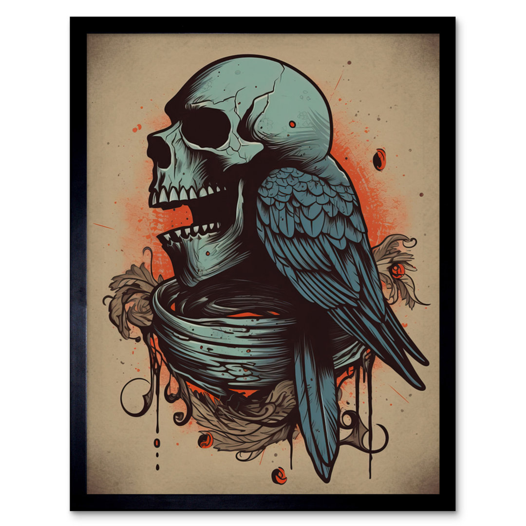 Ashel Skull Raven Wings Old School USA Tattoo Ink Body Rockabilly Americana - Single Picture Frame Print