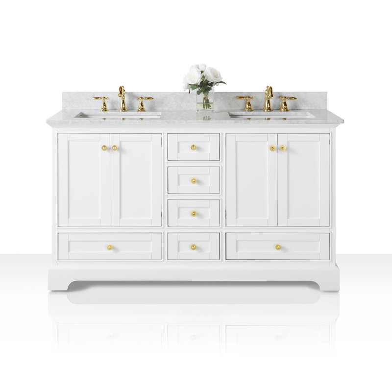 Audrey 60'' W Double Vanity, White/Brushed Gold, Carrara White Marble