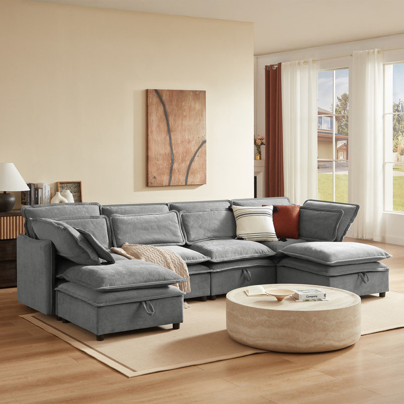 Brodrick 124.4" Sectional Modular Sofa, Gray Polyester