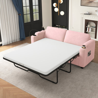 Causeuse-lit en velours côtelé de 72,8 po Xena avec matelas double, ports USB, porte-gobelets et poches latérales