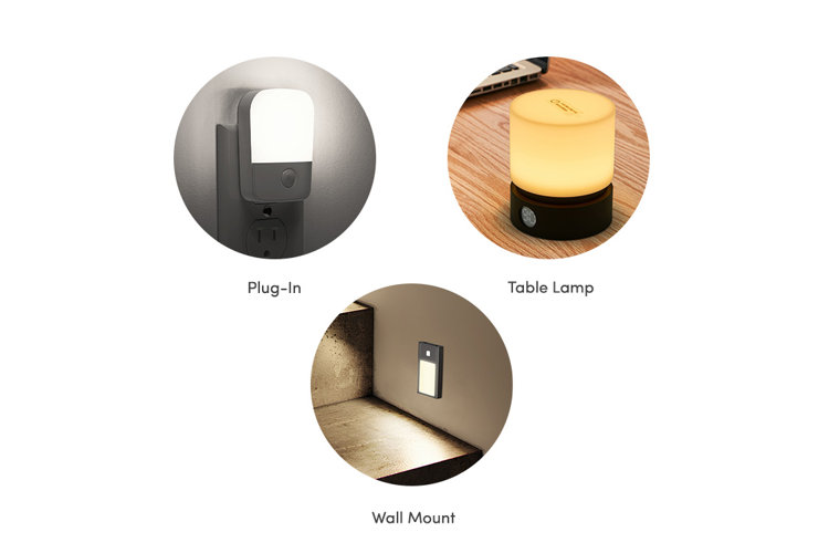A collage showing a plug-in, table lamp, and wall mount night light