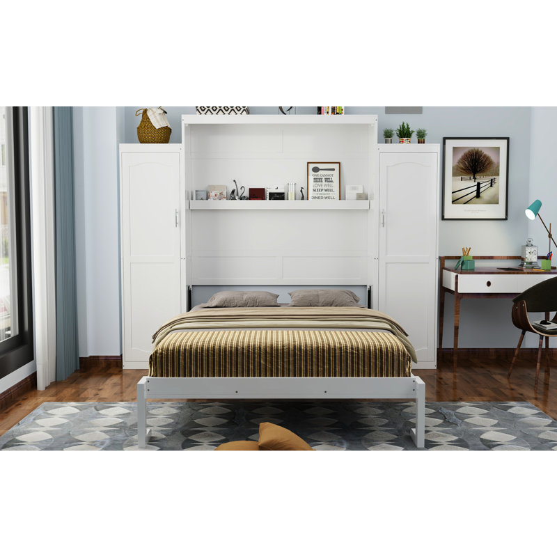 Lit double blanc avec deux garde-robes, plateforme stable et tablette pour armoire de chambre à coucher, étagère de rangement, chambre d'amis polyvalente,