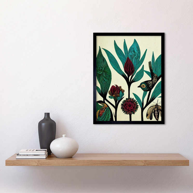 Folk Art Leaves Flowers Birds - Single Picture Frame Print, 43.7cm H x 33.5cm W x 1.5cm D