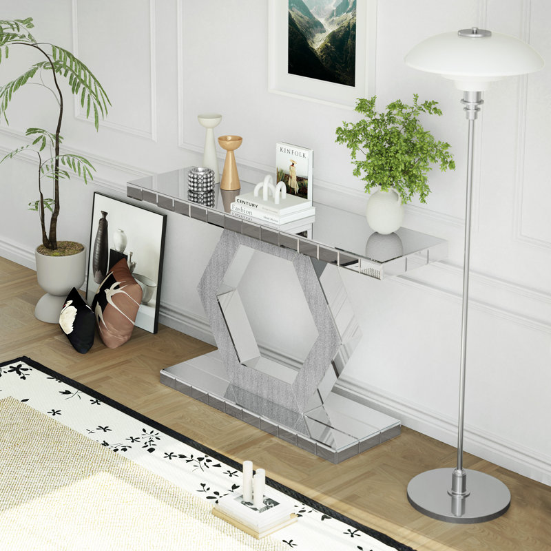 Console à miroir avec tablette hexagonale - Accent en verre de diamant et conception géométrique moderne
