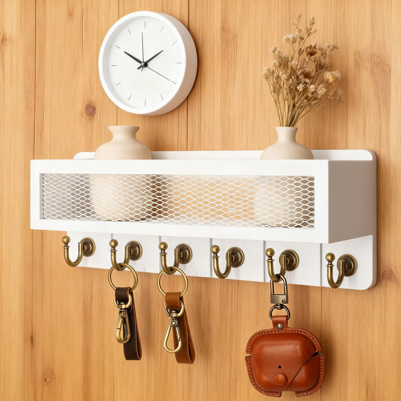 Porte-clés mural et porte-courrier avec panier de rangement, 6 crochets rétro, organisateur mural de ferme pour entrée, bureau, décoration intérieure