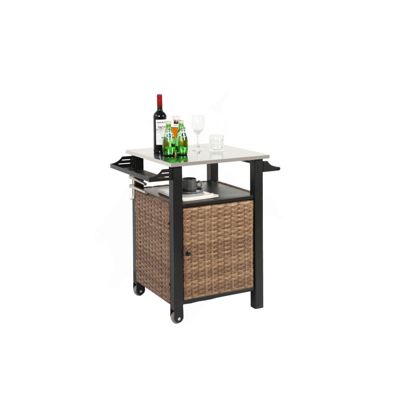 Single Door Bar Cart,Outdoor Kitchen Rolling Cart & Storage Cabinet, Wheels And Stainless Steel Extended Table Top, Side Handle For Patio Kitchen Or Bar Cart, Brown