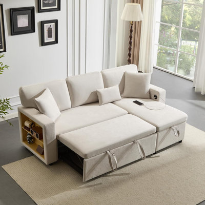 214cm Pull-Out Corner Sofa Bed with Hidden Storage, USB Charging Port and Armrest Shelving