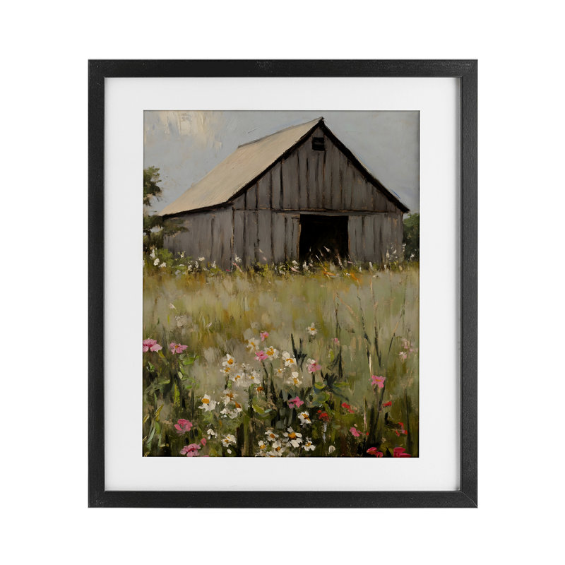 «Old Floral Barn View», reproduction encadrée sous verre, conception de Franklyn Gregory, Cadre noir minuit