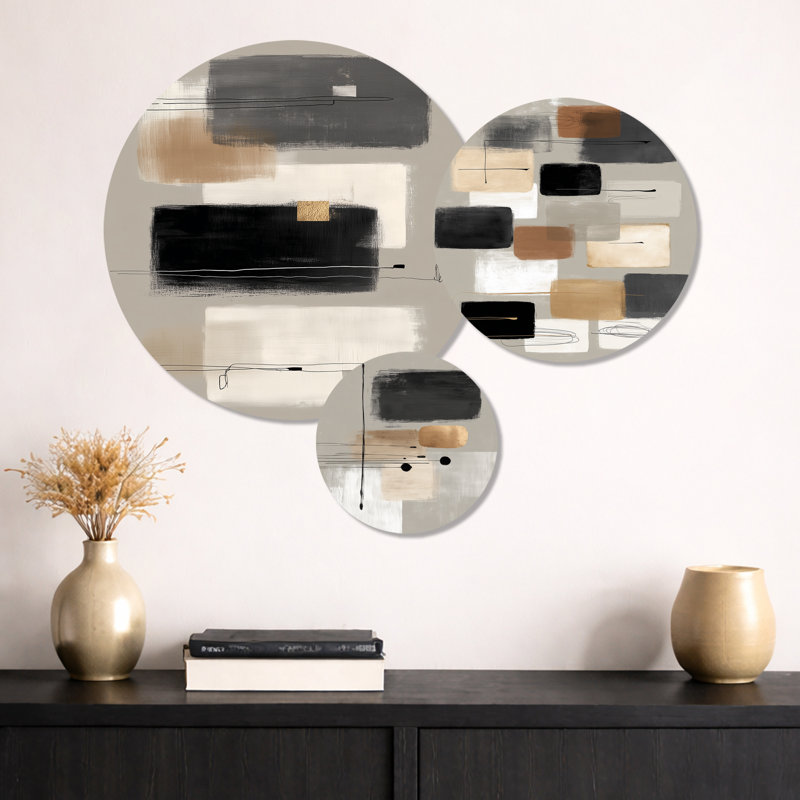 Formes noires avec minimalisme gris, mélange abstrait II - ensemble d'art mural en métal géométrique de 3