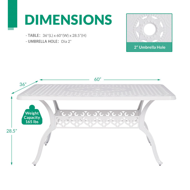 Rectangular Outdoor Dining Table With Umbrella Hole , 59.98'' in. W 35.98'' in. D, White