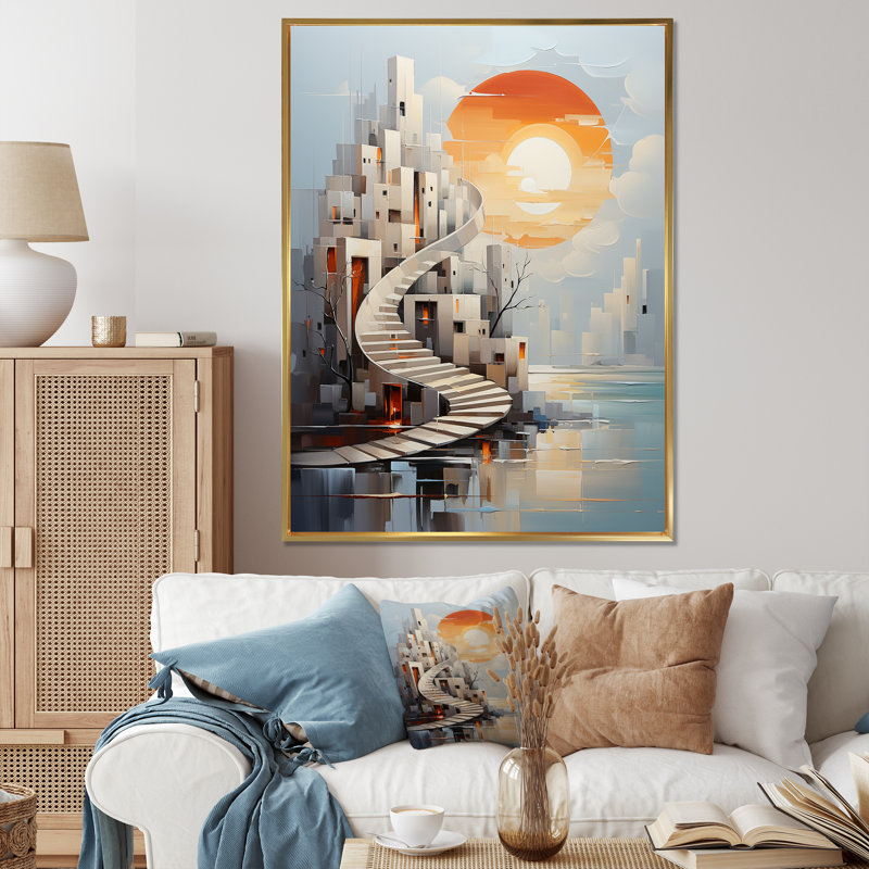 Château solaire surréel - art mural surréalisme, Cadre flottant doré, H 40 po x l 30 po x P 1,5 po