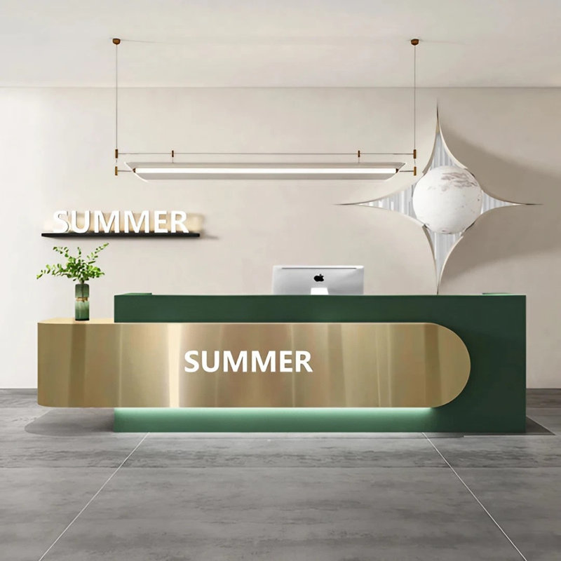 Chrissi Rectangle Manufactured Wood Reception Desk, 60cm H x 260cm W x 100cm D, Green/Gold