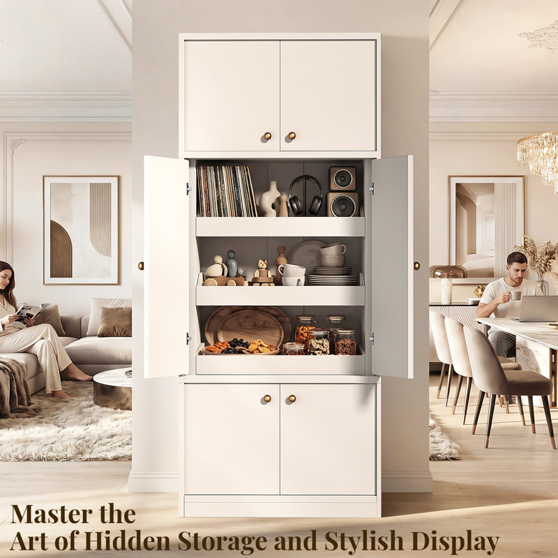 71" Tall Extra Deep Kitchen Storage Cabinet with 2 Double Door Cabinets, 3-Tier Drawers & Anti-Tip Safety, Walnut Finish