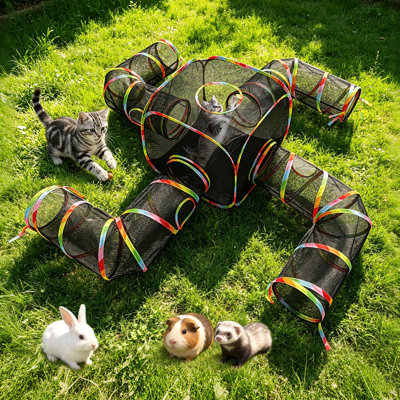 5‑in‑1 Pop‑Up Cat Play Tent, Collapsible Cat Tunnel Toy for Indoor Cats, 11.8" Wide Tubes with Peek‑Through Hole, Breathable Foldable Enclosure for Cats, Rabbits, Ferrets & Small Pets