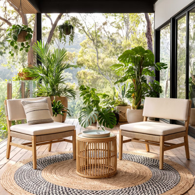 Brisa Outdoor Modern Coastal Acacia Wood Rope Club Chairs with Cushions