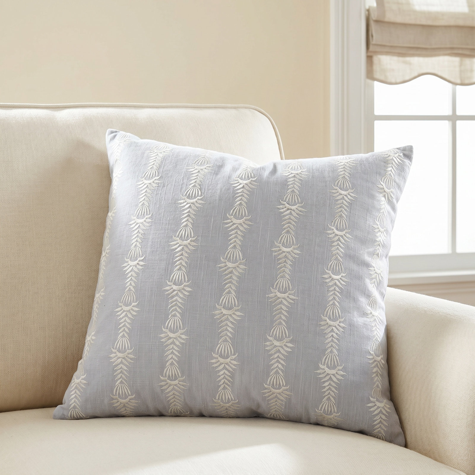 Tasha Embroidered Cotton Throw Pillow, Light Blue