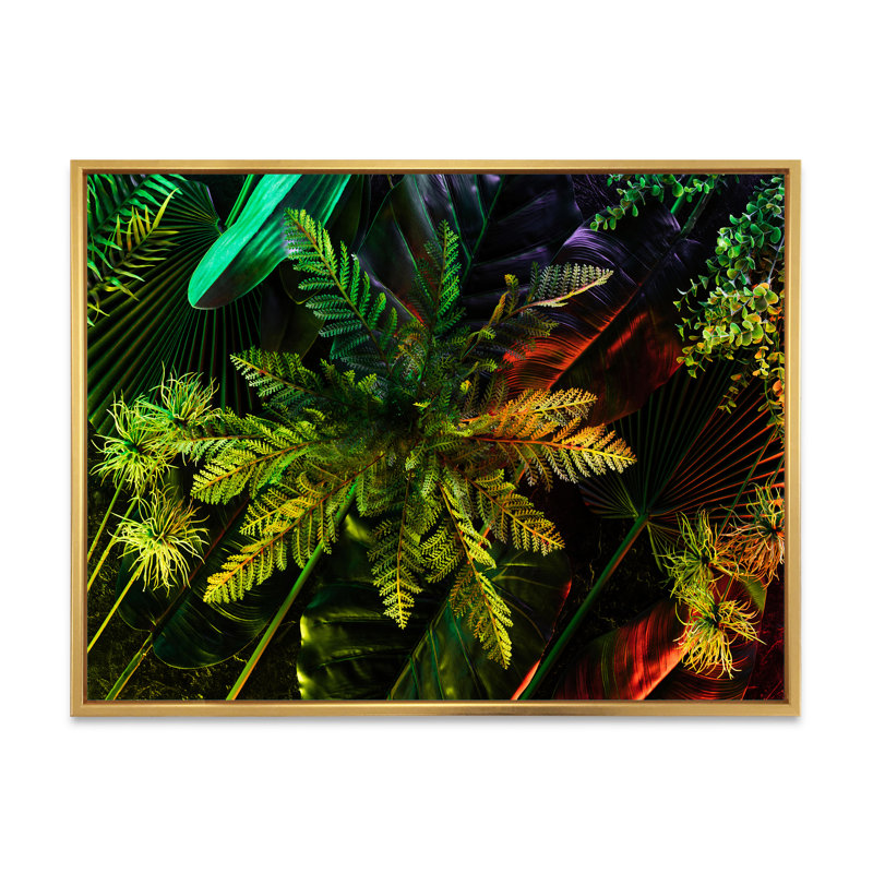 Feuilles tropicales ton sur ton noir - photographie sur toile, H 34 po x l 44 po, Cadre flottant doré