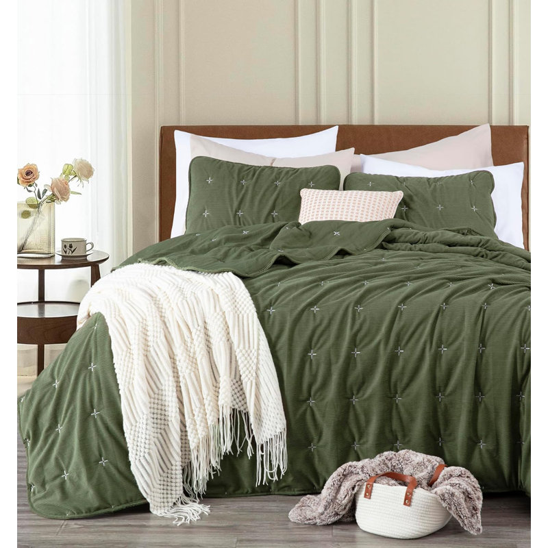  Corduroy Polyester Cross Stitch Comforter Set, Full Comforter + 2 Standard Shams, Olive Green