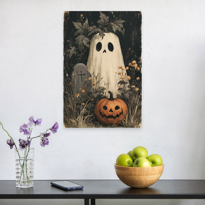 Affiche murale automnale vintage rustique avec citrouille fantôme d'Halloween, H 24 po x l 16 po