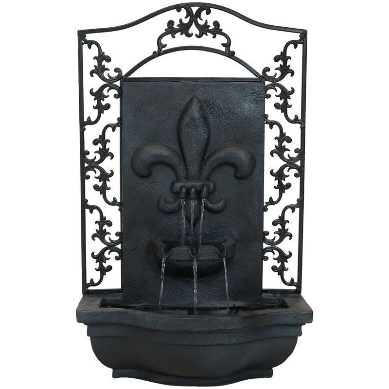 French Lily Polystone Outdoor Solar Wall Fountain with Battery Backup - Lead, Lead
