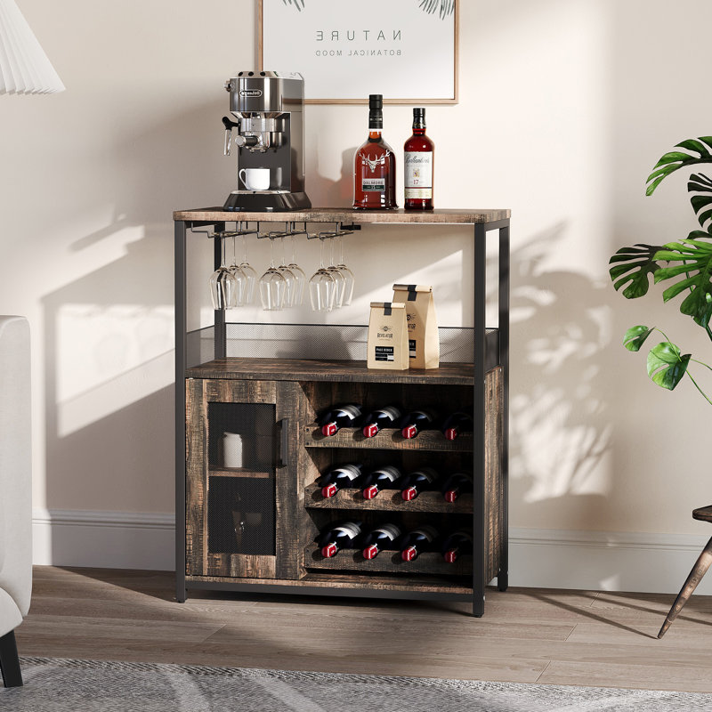 Wine Bar Cabinet with Wine Racks, Glass Holders & Mesh Door, Gray
