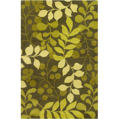 Tapis botanique moderne en laine touffeté à la main vert olive, vert lime et vert Ailey