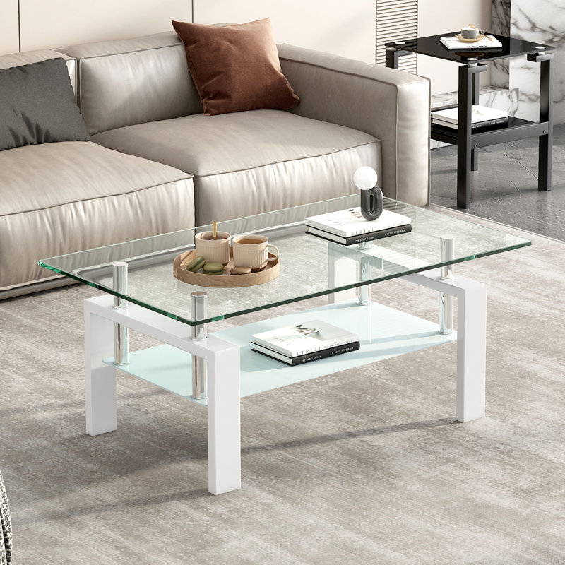 Table basse de salon en verre trempé transparent, 2 couches