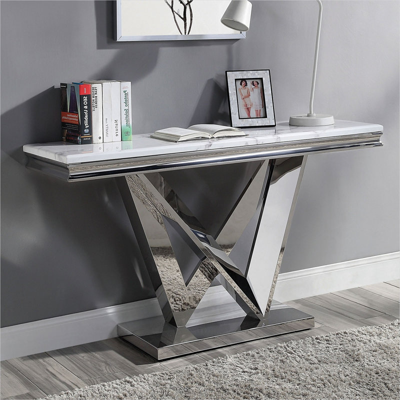 Table de canapé en faux marbre argent poli avec piédestal de style V, rectangulaire, style glam