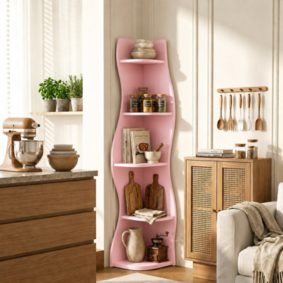 Étagère d'angle à 5 niveaux en forme de S avec tablettes incurvées, rose