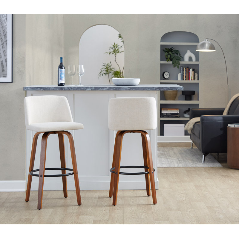 Thea Toriano Fixed-Height Bar & Counter Stools with Bent Wood Legs & Round Footrest, Walnut/Black