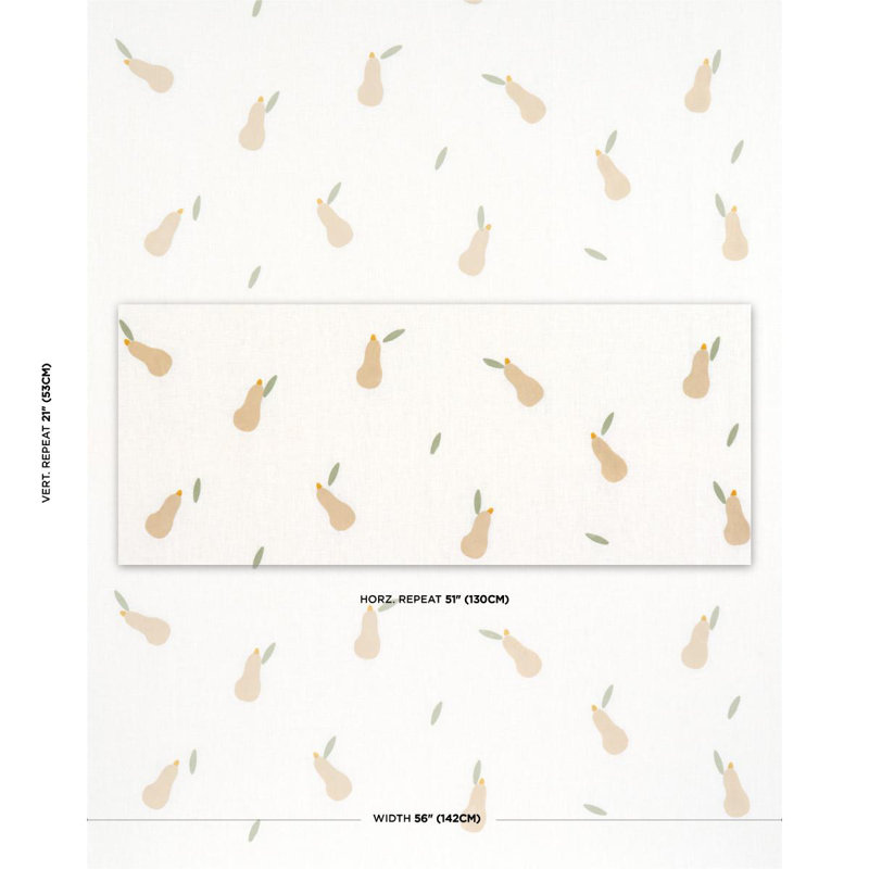 Schumacher X Caroline Z Hurley  Pears Hand Block Print Fabric, Buff/Sage/White