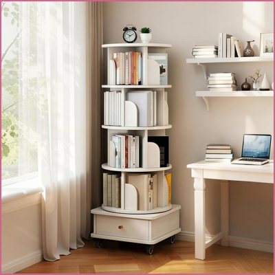 Bibliothèque à 5 niveaux pivotant sur 360 ° avec roues et amp; Tiroir, blanc chaud, peu encombrant | Panneau de fibres à densité moyenne | Blanc