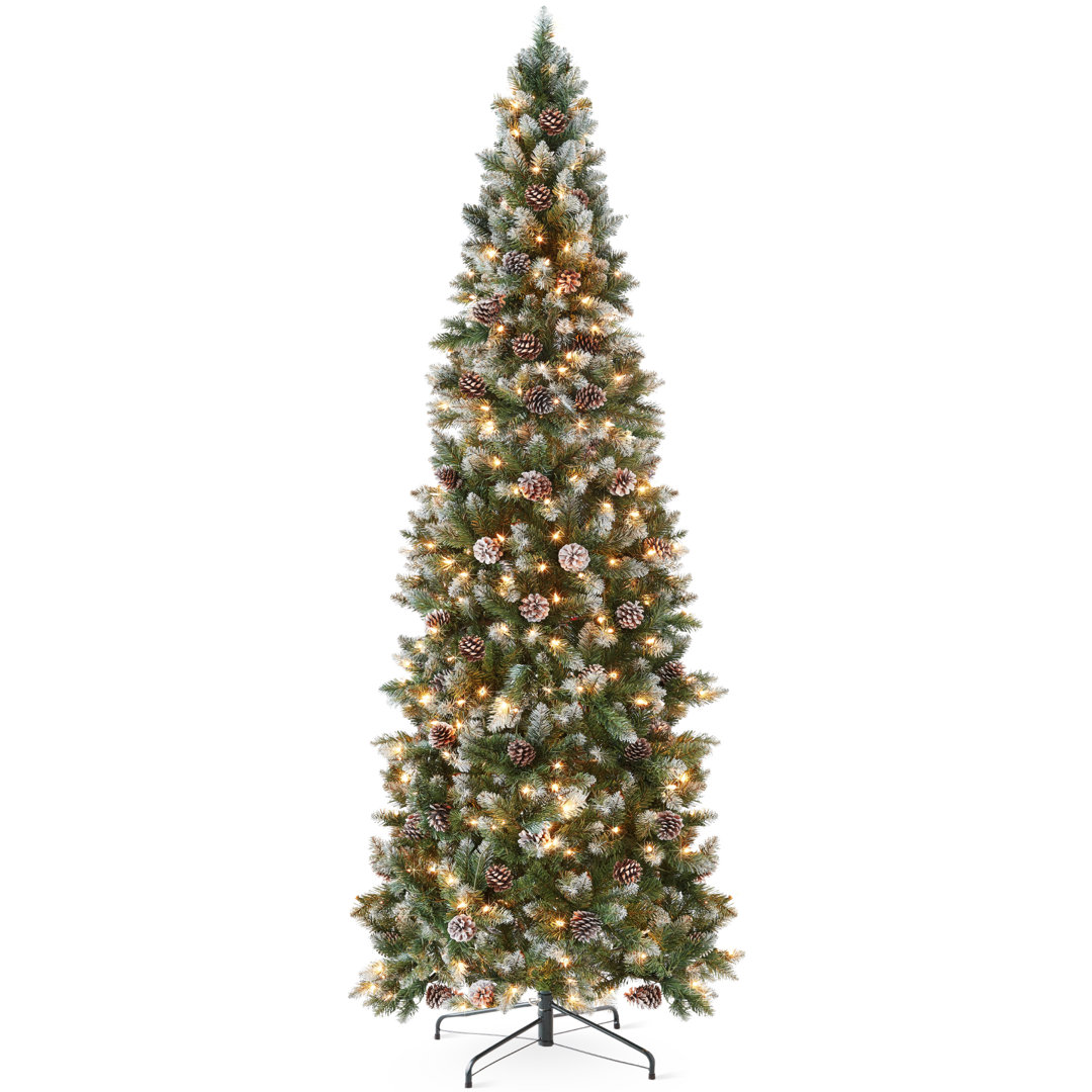 Pre-Lit Partially Flocked Pencil Christmas Tree w/ Lights, Pine Cones, Foldable Stand The Holiday Aisle® 
