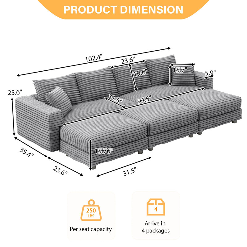 5-Piece Modular Sectional Sofa 102.4" Wide Deep Seat Corduroy Sleeper Couch With Upholstered Ottoman For Living Room, Apartment