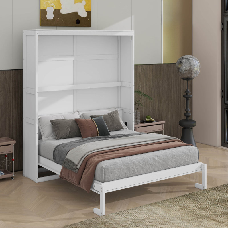 Grand lit escamotable avec tablettes, Blanc