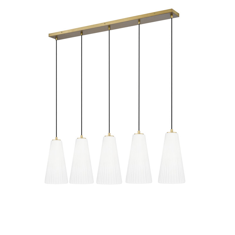 Modern Gold and Nickel 5-Light Linear Chandelier with Frosted Glass Shades