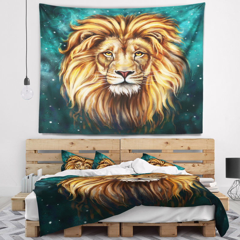 Tête de lion en tapisserie bleue Animal, H 50 po x l 60 po