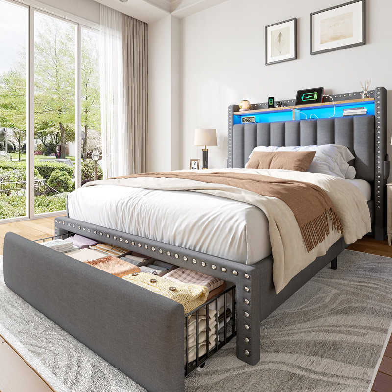 Upholstered Platform Bed with Nailhead Trim, LED Light 2-Tier Shelf Headboard, Charging Station, 2 Under Bed Storage Drawers & 2 Side Pockets, No Box Spring Needed