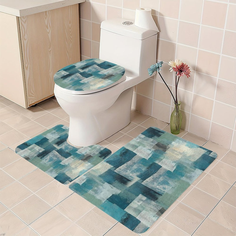 Teal Abstract Block 3 Pcs Shower Rug Set for Modern Neutral Bath Decor