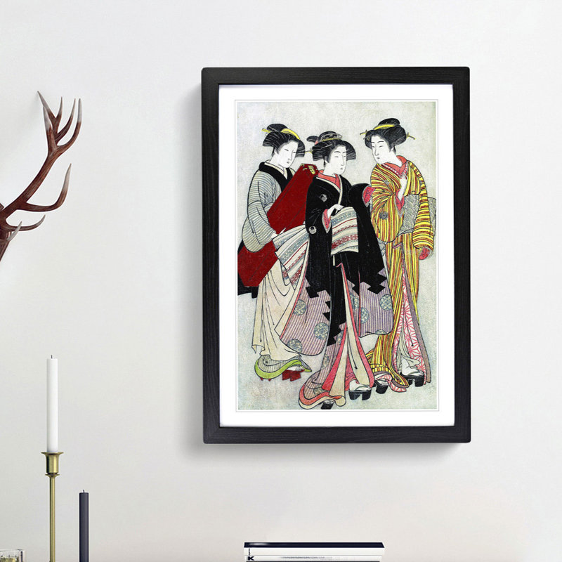 Two Geishas Out Walking by Kitao Shigemasa - Picture Frame Painting Print, Black Framed, 36cm H x 27cm W x 2cm D