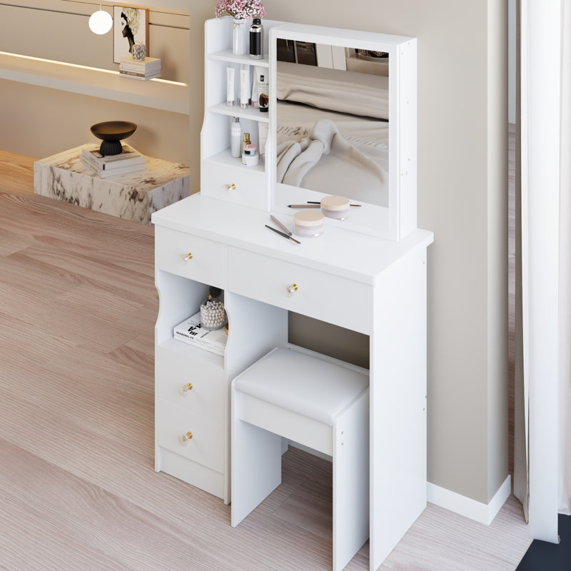 Coiffeuse de style américain 29,2 po avec tiroir gauche, miroir coulissant droit, rangement grande capacité et tabouret rembourré, idéale pour les petits espaces de salle de bain 50,4 po