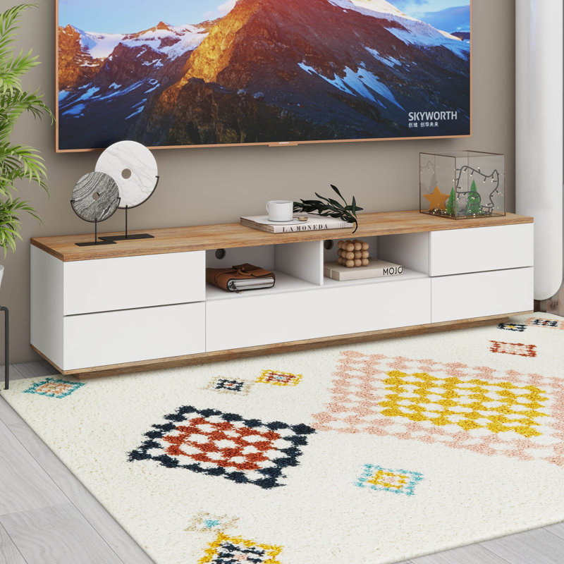 Meuble télé moderne, console multimédia avec rangement multifonctionnel, Blanc/naturel