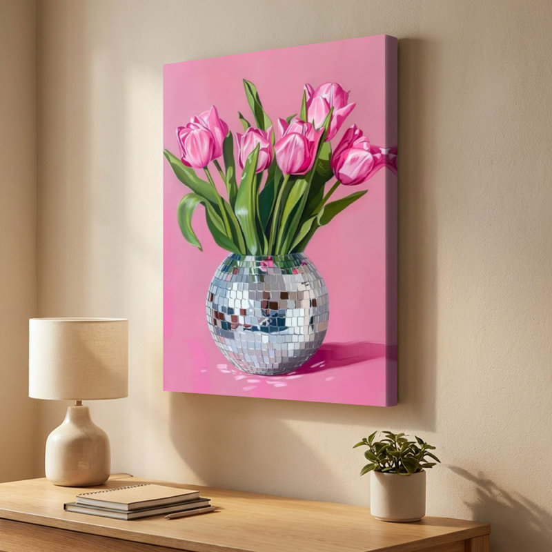 «Disco Bloom», tulipes roses dans un vase à balles disco, toile tendue Pop Art - 24 x 36 x 1 po