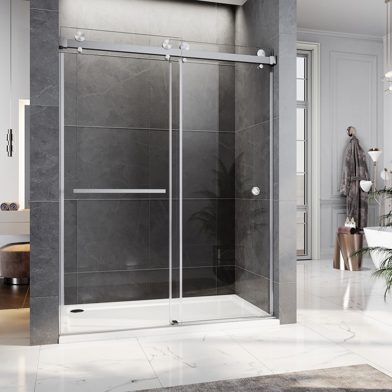 UKD01 66 to 72 in. x 80 in. H Frameless Double Sliding Shower Door with 3/8 in. (10mm) Clear Glass, Brushed Nickel