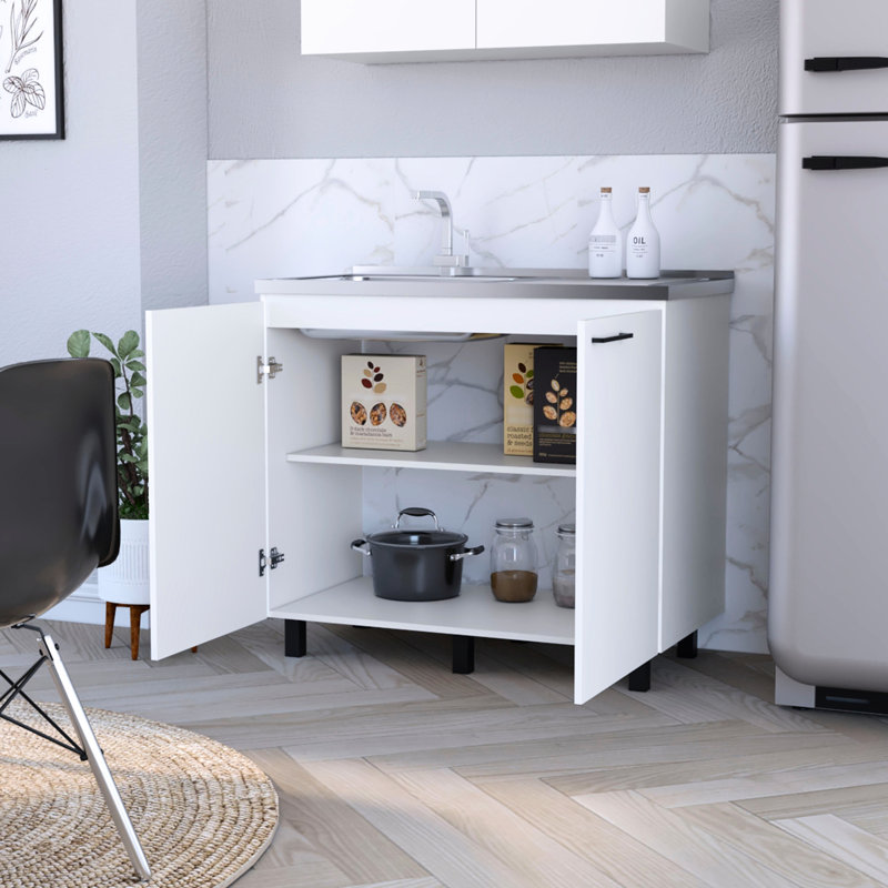 Évier de cuisine blanc 2 et armoire avec construction robuste et tendance, Argent argent