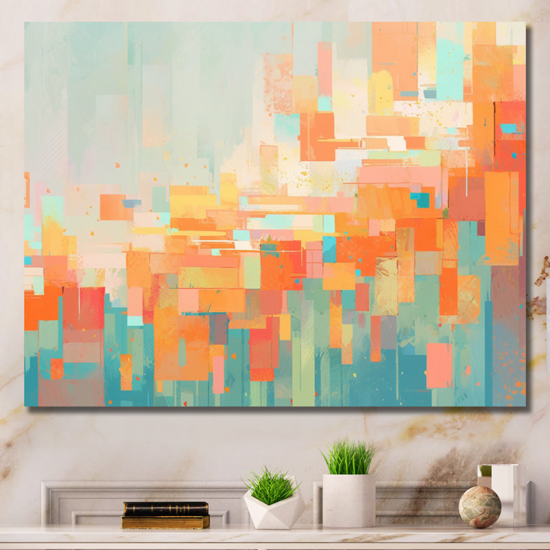 Réalités brisées orange et vertes sur toile, H 34 po x l 44 po x P 1,5 po, Toile tendue