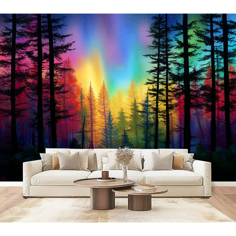 Murale auto-adhésive moderne pour la chambre à coucher, forêt canadienne multicolore l 96 "x H 69" Peel and Stick